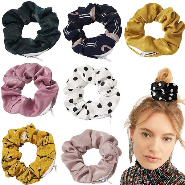 Chiffon Dots Hair Scrunchie with zipper pouch hair ties Ropes secret zipper pocket scrunchies Tie Soft Stash Floral Scrunchies Silk Hair Elastic Ties for Vsco Girl Stuff Scrunchies (7 Pcs A)