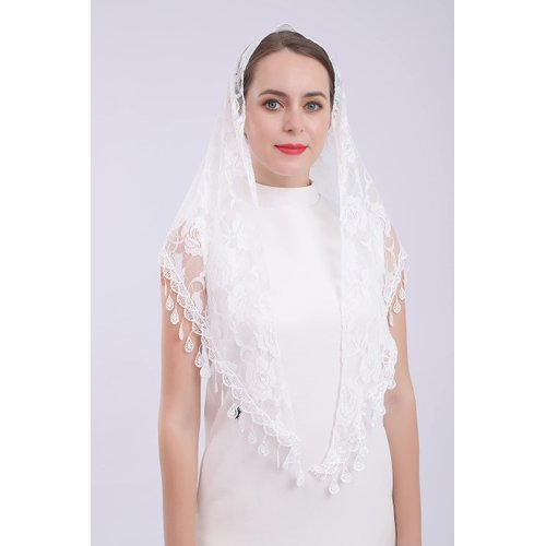 Cilkus Lace veil Mantilla veil Shawl or Scarf Latin Mass Head Cover with Fringed lace (White)