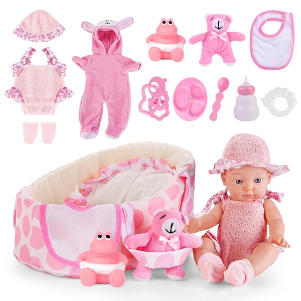 deAO 13 Inch16 PCS Baby Doll Playset with Clothes,Carrier Bassinet Bed,Doll Accessories Baby Dolls,Pillow & Caring Doll Toys Set for Kids Toddlers Girl Visit The Store