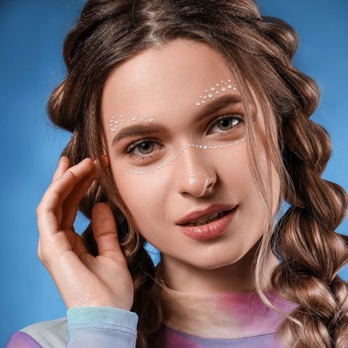 OIIKI 4 PCS Arcrylic Face Gems Hair Jewels, Fake Nose Stud Stick on, Rhinestone Face Decor, White Face Body Gems, Face Makeup for Nose, Lip, Ear, Hair, Nail for Women - 4 Sizes