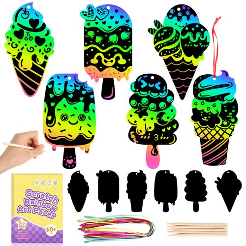 PrinBarBee 60pcs Ice Cream Scratch Art for Kids,Magic Art Rainbow Color Craft Scratch Paper Kit for Kids,Scratch Crafts Card Set for Kids Age 4-12,Birthday Party Decors School Activity Craft Supplies