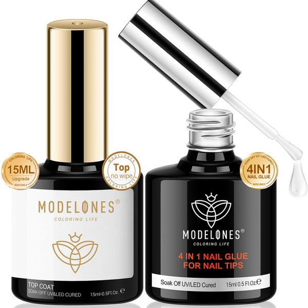 modelones Gel Nail Glue and Top Coat 15ml 4 in 1 Nail Glue Base Coat Nail Glue Kit 2Pcs for Gel Nail Polish No Wipe Top Coat High Gloss, Rhinestone Glue False Nails, Blooming Nail Art Gel
