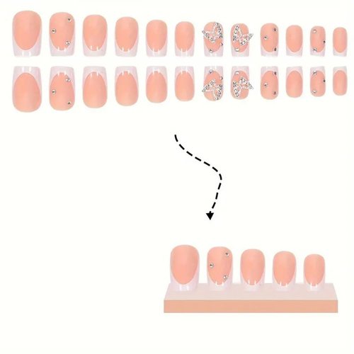 LPOODDNU Short Press on Nails with Charms Butterfly White French Acrylic Nails Square Shape False Nails Very Cute Nails Short Square Stick on Nails for Women Finger Manicure, 24Pcs