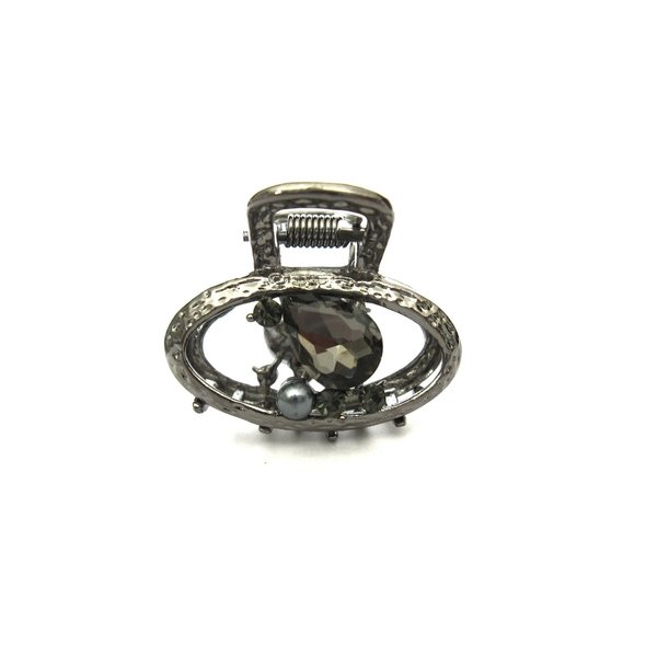 Small oval dark silver metal gray crystal pearl hair claw clip