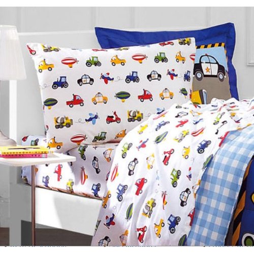 Construction Trucks, Police Cars, Tractors, Boys Twin Comforter Set (5 Piece Bedding)