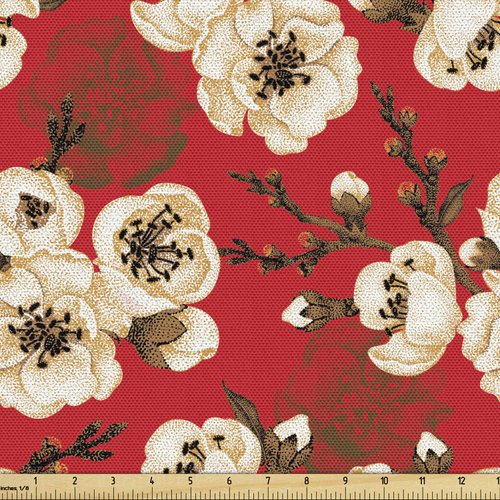 Lunarable Japanese Fabric by The Yard, Oriental Cherry Branches Sakura Bloom with Grunge Effect, Decorative Fabric for Upholstery and Home Accents, Cream Vermilion and Green Brown
