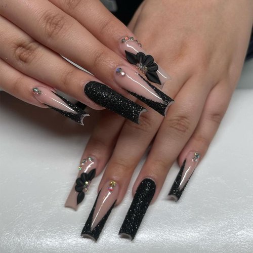 IMSOHOT Press on Nails Long Square Fake Nails Black French False Nail Tips Glossy Acrylic Nails with 3D Flower Charms Designs Full Cover Rhinestones Glitter Glue on Nails for Women 24Pcs