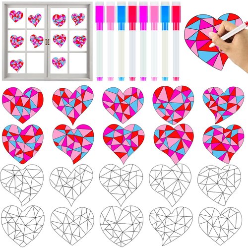 Qyeahkj 30pcs Valentine's Day Heart Suncatchers Crafts Kit for Kids, DIY Valentines Arts Coloring Heart Window Clings Stickers Gifts with 8 Painting Markers for Home Classroom Party Decorations