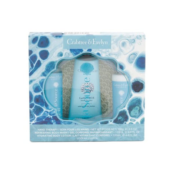 Crabtree and Evelyn La Source Set; Includes Hand Therapy, Body Lotion, Body Wash and Loofah