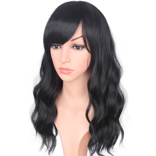 SYMEIW Medium Long Black Wavy Wigs For Women Synthetic Full Hair Natural Black Wigs With Side Bangs For Daily Use 16 Inches (NATURAL BLACK(1#))