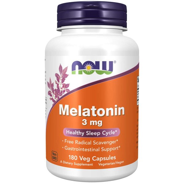 NOW Supplements, Melatonin 3 mg, Free Radical Scavenger*, Healthy Sleep Cycle*, 180 Veg Capsules