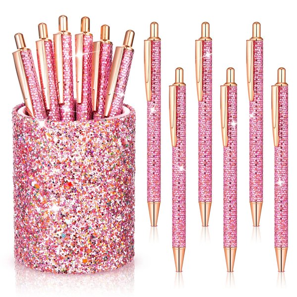 Bling Sequin Pen Holder with 6 Pcs Sequin Click Pens Cute Sequin Glitter Retractable Ballpoint Pens, Pencil Cups for Desk Organizer Makeup Brush Holder for Women Girls Classroom Offices (Pink)