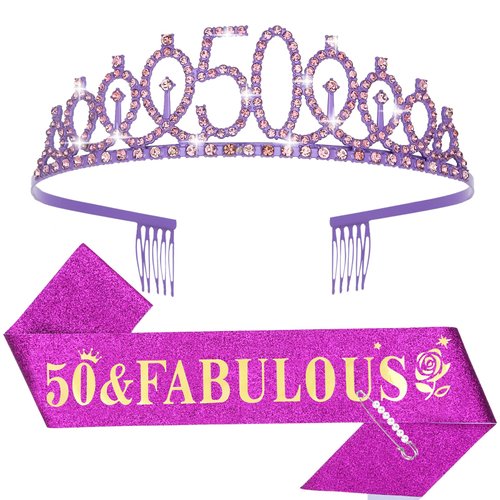 50th Birthday Sash and Tiara for Women, 50th Birthday Decorations Women, 50th Birthday Crown and Sash Set, 50th Birthday Party Supplies, 50th Birthday Gifts for Women