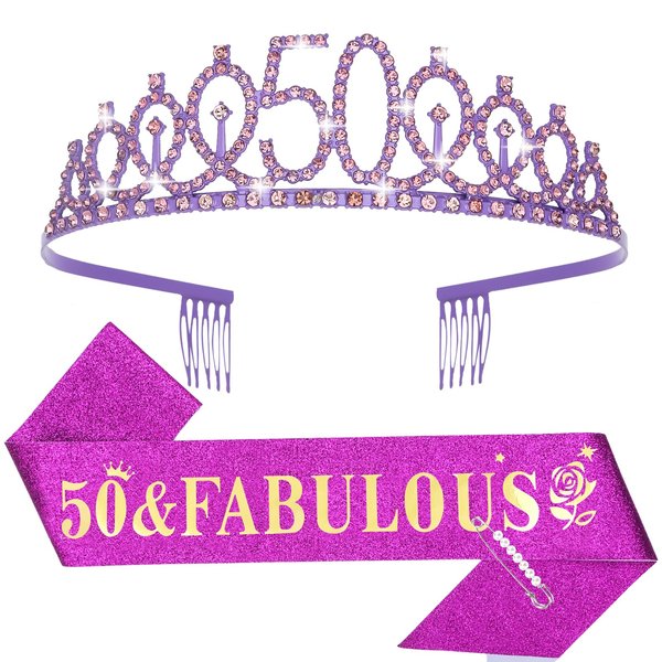 50th Birthday Sash and Tiara for Women, 50th Birthday Decorations Women, 50th Birthday Crown and Sash Set, 50th Birthday Party Supplies, 50th Birthday Gifts for Women