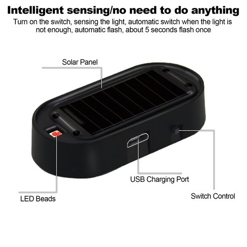 Shudyear Car Solar Power Simulated Dummy Alarm，Anti-Theft LED Flashing Security Light Fake lamp with USB Charger Port，Car Accessories for Most Cars,2PCS (red)