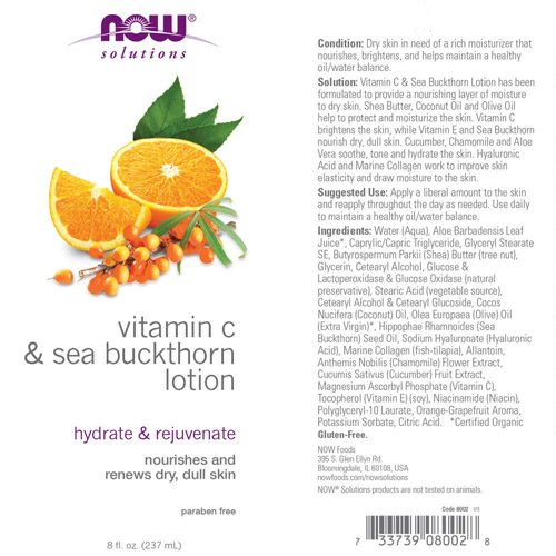 NOW Solutions, Vitamin C and Sea Buckthorn Lotion, Hydrates, Repairs and Nourishes Dry Dull Skin, 8-Ounce