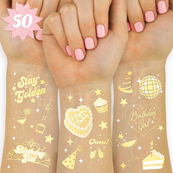xo, Fetti Golden Birthday Temporary Tattoos - 50 gold styles | Birthday Party Decorations, Fun Birthday Girl Party Favors, HBD, Older Wiser Hotter, Fifty and Fabulous, Funny Bday Gift