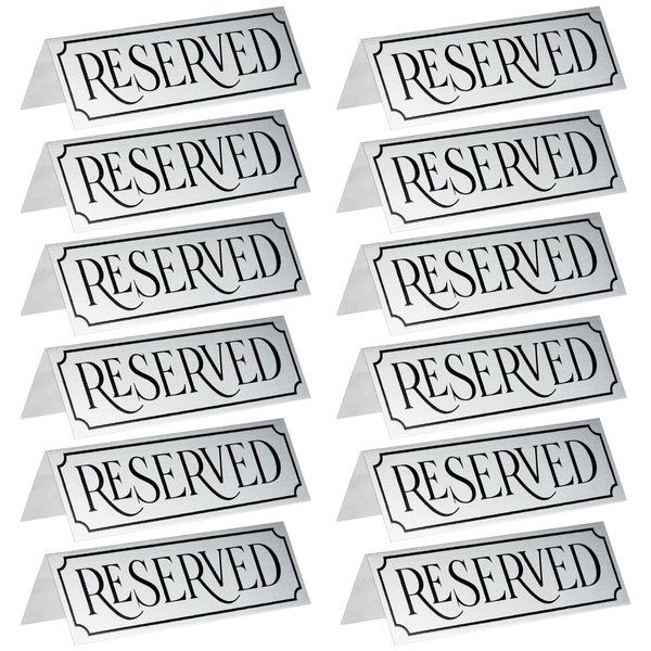 12-Pack Small Metal Reserved Table Signs for Restaurants, Dinner Parties, Bridal Showers, and Wedding Banquets, Anniversaries, Etched Silver Design (4.7x1.5 in)