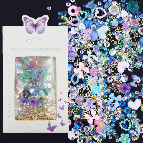 3D Mix Assorted Color Nail Charms Acrylic Multi Shapes Color Heart Flower Bowknot Hollow Pearls Nail Rhinestones Cute Charms for Nail Art Manicure DIY Crafts Accessories