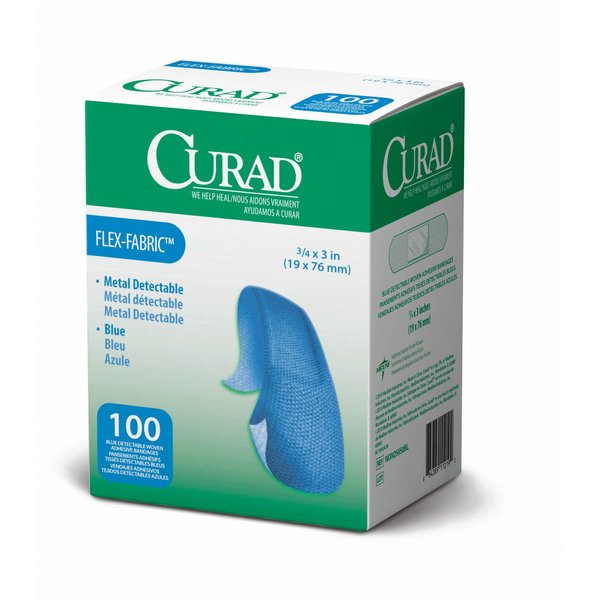CURAD Food Service Metal Detectable Blue Fabric Adhesive Bandages 3/4" x 3", Pack of 100