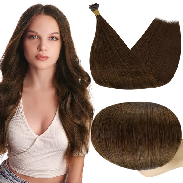 Full Shine I Tip Hair Extensions Real Human Hair Brown Hair Extensions Natural Hair 50s/40g Microbeads Extensions Salon Hair Extensions 18inch