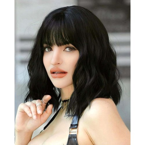 JOLNVCA Short Bob Curly Wigs with Hair Bangs Wavy Wigs for Women Girls Shoulder Length Colored Heat Resistant Synthetic Wig Daily Party Cosplay Wig 14 Inch