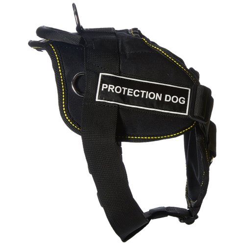 Dean & Tyler Fun Works Protection Dog Harness with Padded Chest Piece, Medium, Fits Girth Size: 28-Inch to 34-Inch, Black with Yellow Trim
