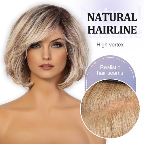 BLONDE UNICORN 12 Inch Human Hair Wigs for Women,Ash Blonde Short Layered Wavy Bob Wig with Bangs,HD Lace Front Wigs