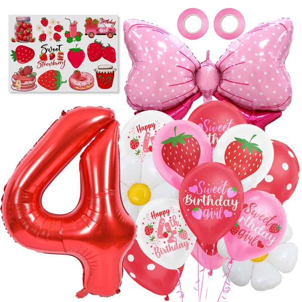 4th Strawberry Birthday Party Decorations Girls, Cute Strawberry Latex Balloons White Flowers Foil Balloon Red Number 4 Foil Ballon Theme Tattoo For Girls Fourth Birthday Baby Shower Party Decorations