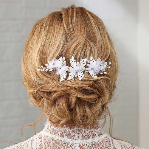 Gorais White Flower Bride Wedding Hair Comb Silver Leaf Bridal Hair Pieces Crystal Side Combs Hair Accessories for Women and Girls