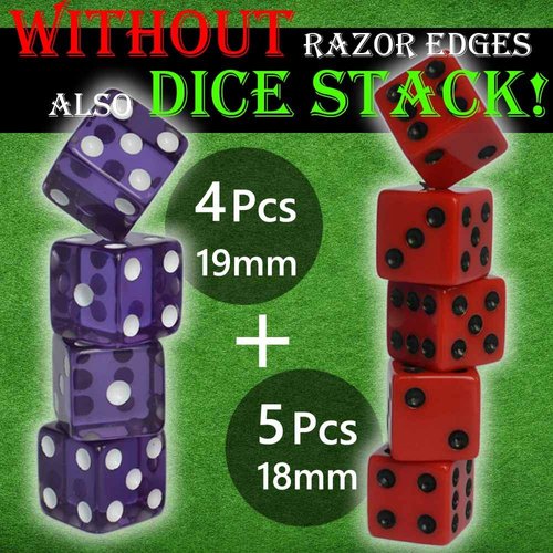 Dice Stacking Cup(Green) Set with 4 Pcs 19mm(Puple) and 5 Pcs 18mm(Red) Standard 6 Sided Dices, with Storage Bag-Magic Tricks Instruction
