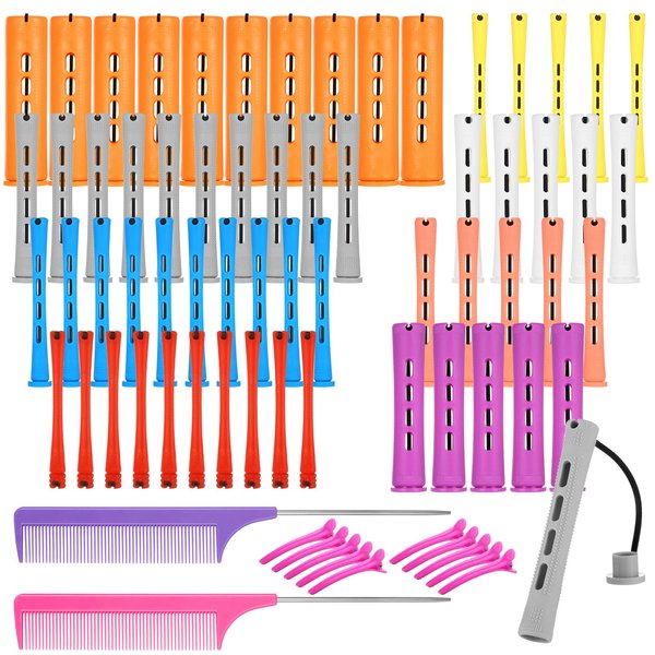 60 Pcs Hair Perm Rods, 8 Sizes Perming Rods Cold Wave Rods for Hair Rollers Hair Curlers with Rat Tail Combs Hair Clips Perm Kit for Long Short Natural Hair Hairdressing Hair Styling Tools