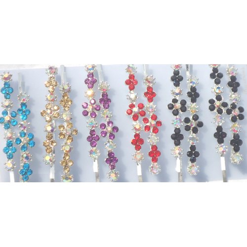 Six Crystals Rhinestone Flowers on French Barrette Hair Clips