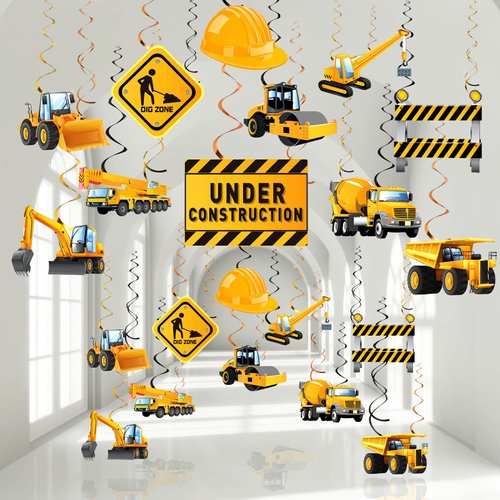 30 Pieces Construction Birthday Party Supplies Construction Party Decoration Zone Party Hanging Swirl Traffic Zone Theme Streamers, Kids Boy Construction Truck Party Foil Swirls Decorations (Cute)