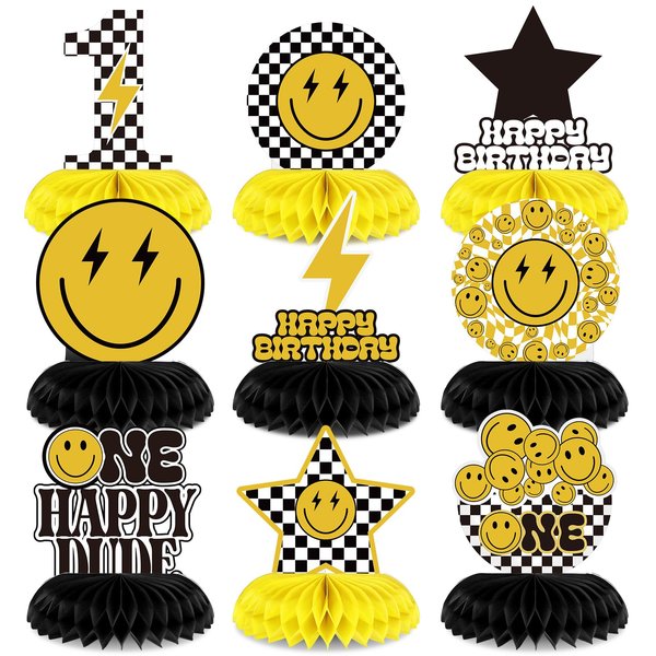 Outus 9 Pcs One Happy Dude Honeycomb Centerpiece One Happy Dude 1st Birthday Party Decoration Set Smile Face Table Toppers Centerpieces Party Supplies for Wedding Baby Shower Birthday Party Home Decor