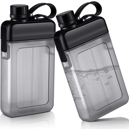 Honeydak 2 Pcs Flat Water Bottle 13oz Plastic Flask for Liquor Slim Square Bottles Portable Travel Mug Pocket Flask for Outdoor Sports (Black)