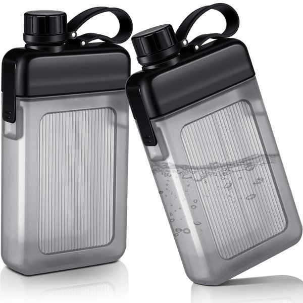 Honeydak 2 Pcs Flat Water Bottle 13oz Plastic Flask for Liquor Slim Square Bottles Portable Travel Mug Pocket Flask for Outdoor Sports (Black)
