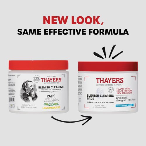 Thayers Blemish Clearing Acne Pads, Salicylic Acid Acne Treatment for Face, Pore Reducing, Exfoliating, and Soothing Skincare, Witch Hazel Toner Pads, 60 Ct