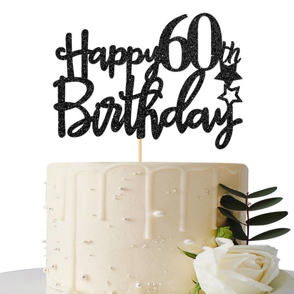 Black Glitter Happy 60th Birthday Cake Topper for Women Men, Hello 60th Anniversary, Cheers to 60 Years Party Decorations