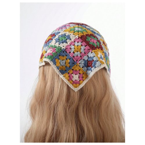 OYOANGLE Women's Boho Colorblock Floral Print Crochet Hair Bandana Knitted Hair Scarf Vintage Headbands Multicolor One-Size