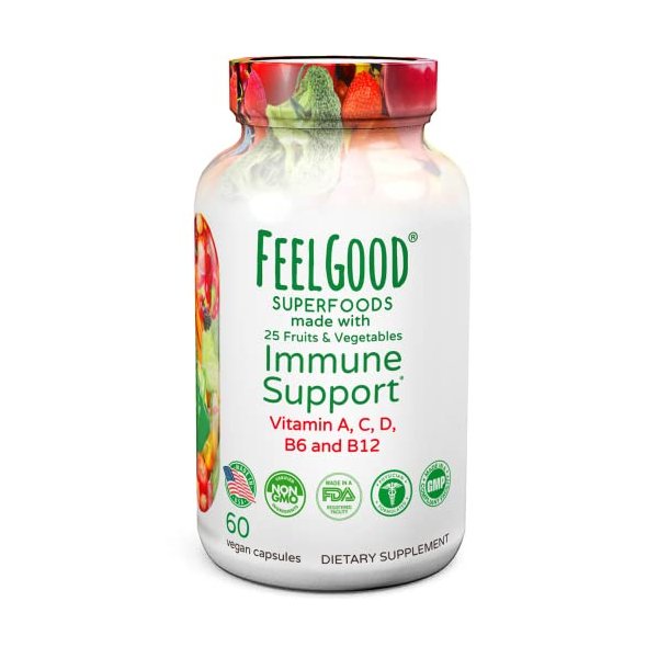 FeelGood Superfoods 1000mg Immune Support Capsules Made with 25 Organic Fruits and Vegetables, Strong Immunity Boosters with Vitamins A, C, D3, and Zinc, 60 Count