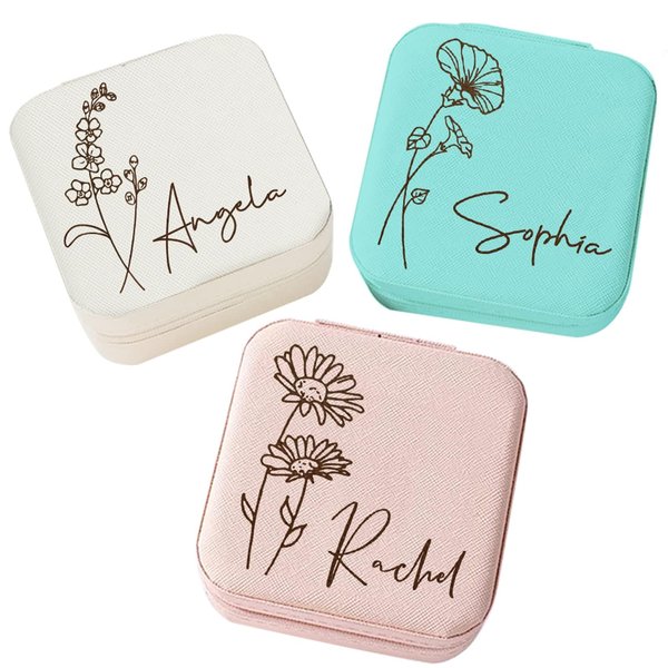 Corissy Personalized Jewelry Box for Women, Custom Travel Jewelry Case with Name and Birth Flower, Leather Jewelry Box for Rings, Earrings, Necklaces, Personalized Gifts for Women