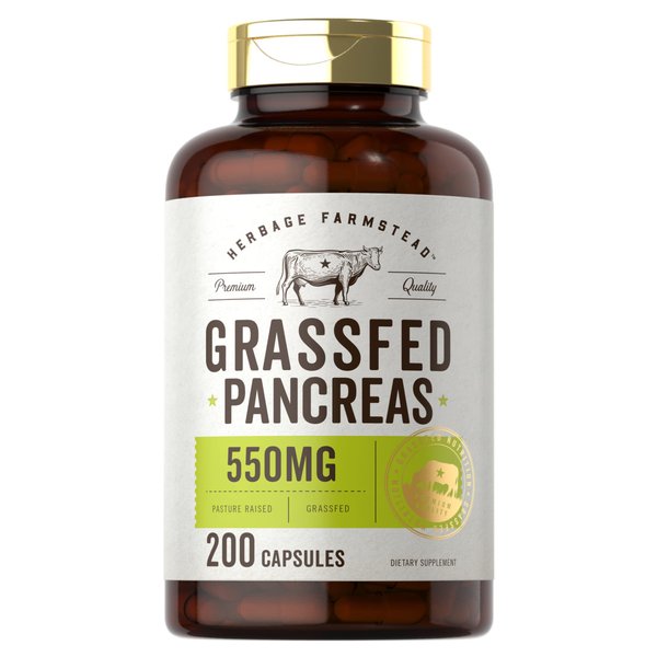 Carlyle Grass Fed Beef Pancreas | 550mg | 200 Capsules | Desiccated Pasture Raised Bovine Supplement | Non-GMO, Gluten Free | by Herbage Farmstead