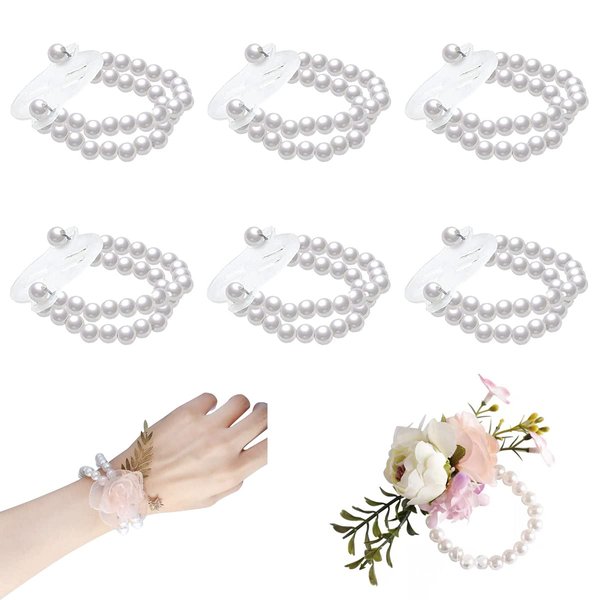 6PCS Pearl Wrist Corsage Bands Bride Elastic Pearl Wristband Corsage DIY Stretch Pearl Wedding Wrist Handmade Corsage Accessories for Wedding Party Bride Bridesmaid Christmas Thanksgiving