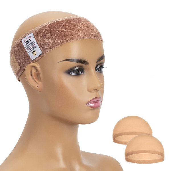 GEX Wig Grip Band Flexible Velvet Scarf Head Hair Wig Band Adjustable Band with 4 Wig Caps(Tan)