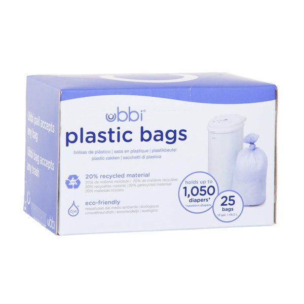 Ubbi Diaper Pail Plastic Bags, Disposable Baby Waste Bags, Single Pack, 25 Count, 13-Gallon Bags