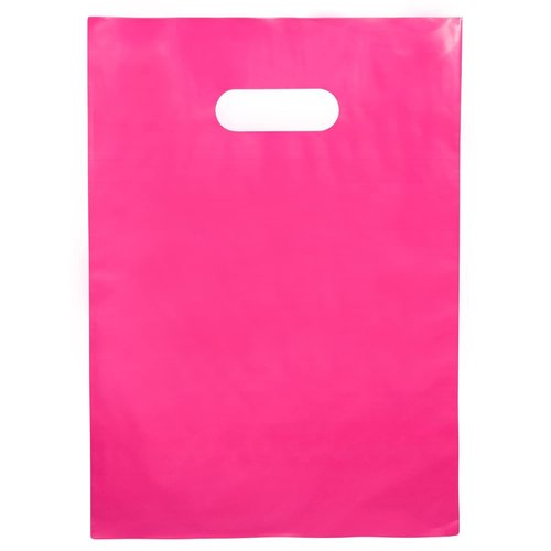 100 Pack of 9 x 12" Pink Plastic Shopping Bag with Die Cut Handle Merchandise Bags with Retail, Great For Merchandise Boutique Retail Glossy Pink Plastic Bags With Handles Cerise Hot