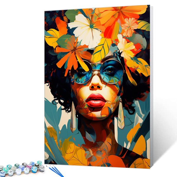 Native American African Girl Paint by Number Women with Tropical Leaves DIY Acrylic Paintwork Kit for Kids Adults Beginner Graffitic DIY Canvas Painting Arts Craft 16x20 Inch Boho Gift(DIY Frame)