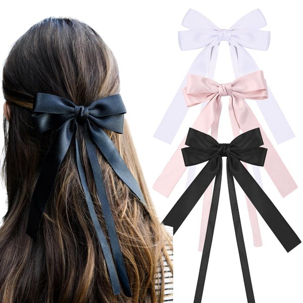 Styla Hair 3 Piece Satin Bow Clip Hair Ribbons for Women & Girls, Metal Alligator Clip No Slip Design Black Bow for Hair, Double Long Tail Bows for Hair - Black White Ivory