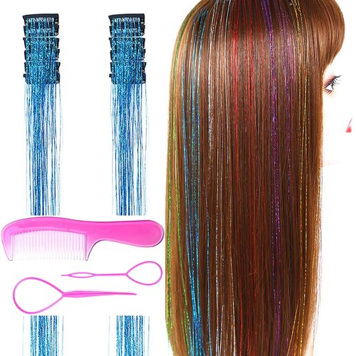 Hair Tinsel Kit 12 Pcs Clip in Hair Tinsel Heat Resistant 20 Inch Fairy Hair Tinsel Kit for Women Glitter Tinsel Hair Extensions for Party(Lake blue)